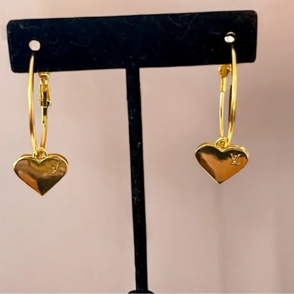Upcycled Gold LV Louis Vuitton Stamped Charm Hoop Earrings - Picture 12 of 13
